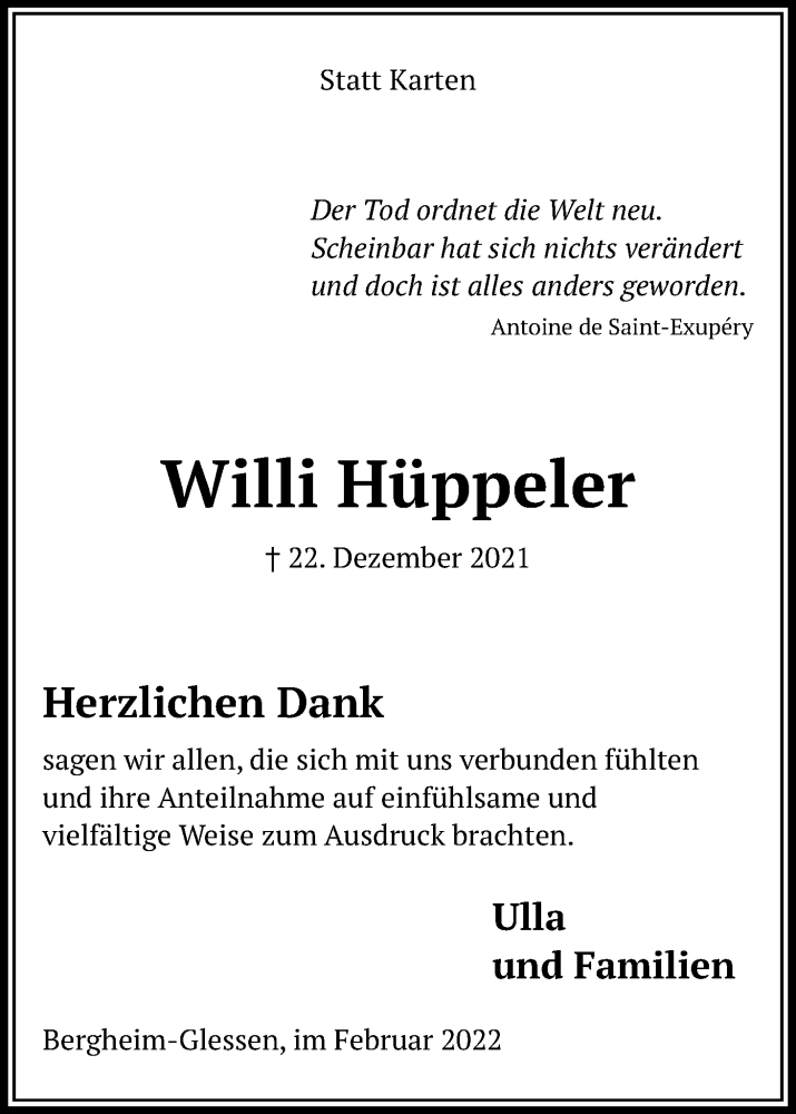  Traueranzeige für Willi Hüppeler vom 19.02.2022 aus Kölner Stadt-Anzeiger / Kölnische Rundschau / Express