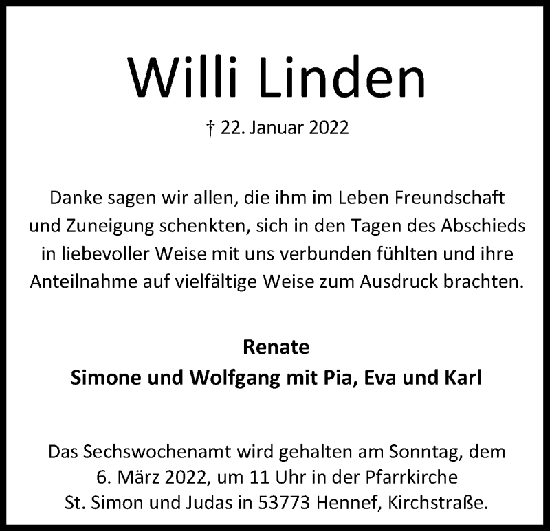  Traueranzeige für Willi Linden vom 26.02.2022 aus Kölner Stadt-Anzeiger / Kölnische Rundschau / Express