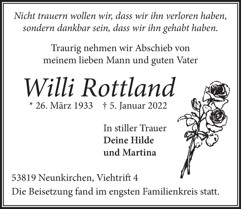  Traueranzeige für Willi Rottland vom 25.02.2022 aus  Extra Blatt 