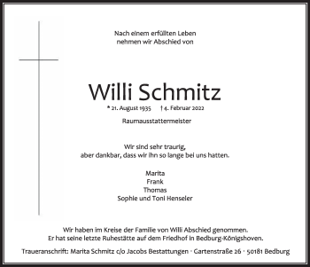 Anzeige von Willi Schmitz von  Werbepost 