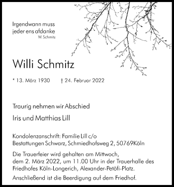 Anzeige von Willi Schmitz von Kölner Stadt-Anzeiger / Kölnische Rundschau / Express