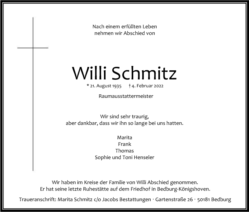  Traueranzeige für Willi Schmitz vom 12.02.2022 aus Kölner Stadt-Anzeiger / Kölnische Rundschau / Express