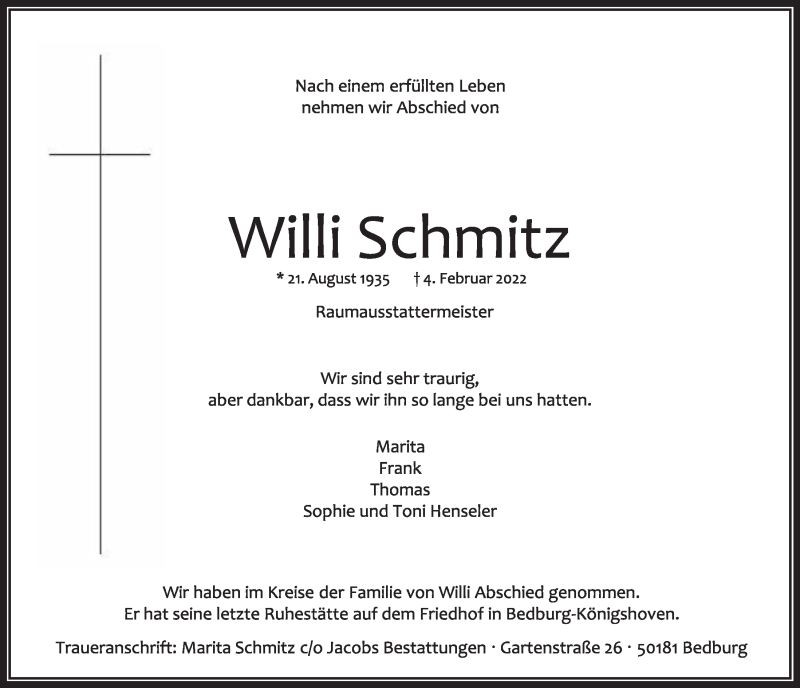  Traueranzeige für Willi Schmitz vom 11.02.2022 aus  Werbepost 