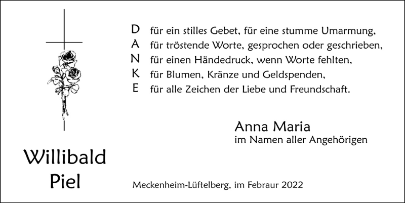  Traueranzeige für Willibald Piel vom 04.02.2022 aus  Schaufenster/Blickpunkt 