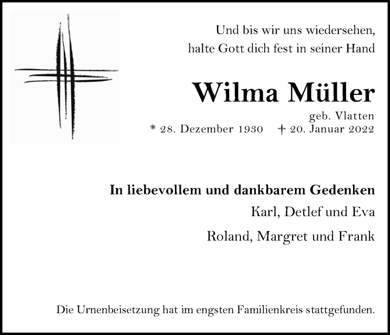  Traueranzeige für Wilma Müller vom 12.02.2022 aus Kölner Stadt-Anzeiger / Kölnische Rundschau / Express