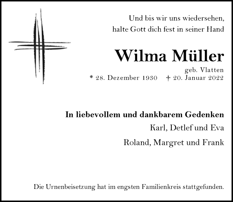 Traueranzeige für Wilma Müller vom 11.02.2022 aus  Express die Woche 