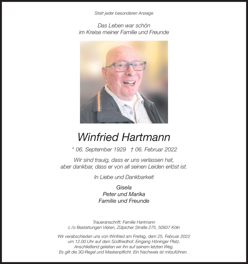  Traueranzeige für Winfried Hartmann vom 19.02.2022 aus Kölner Stadt-Anzeiger / Kölnische Rundschau / Express