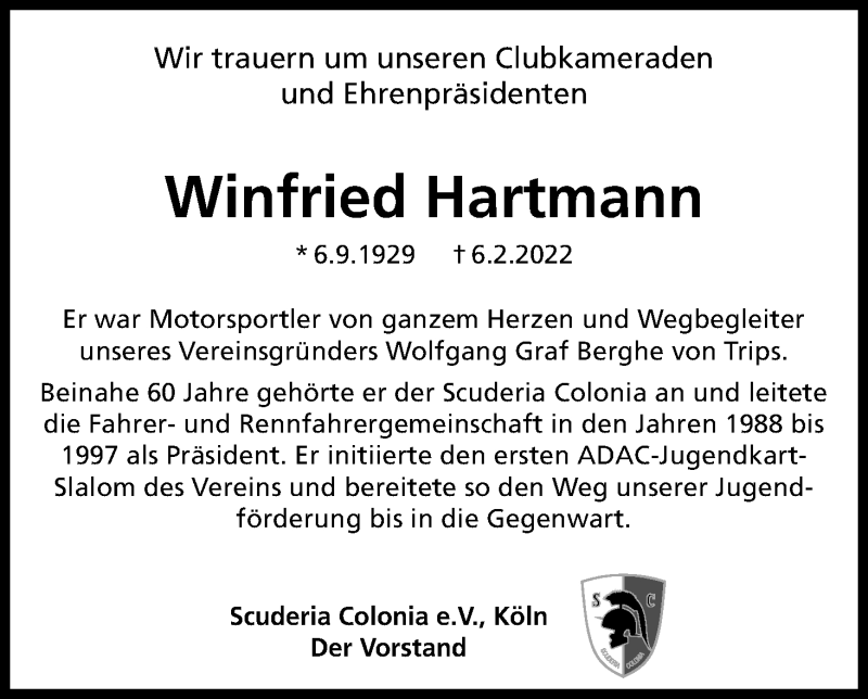 Traueranzeige für Winfried Hartmann vom 26.02.2022 aus Kölner Stadt-Anzeiger / Kölnische Rundschau / Express