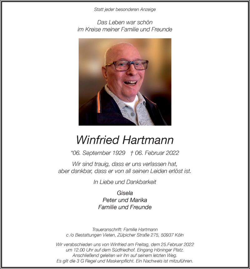 Traueranzeige für Winfried Hartmann vom 18.02.2022 aus  EXPRESS - Die Woche 