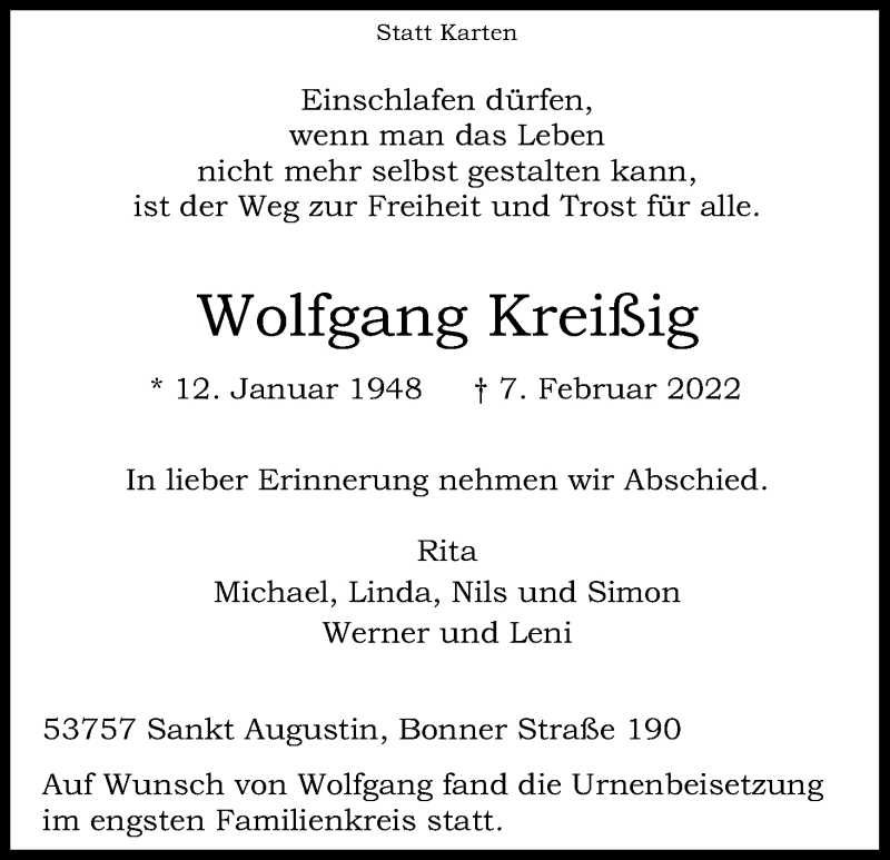  Traueranzeige für Wolfgang Kreißig vom 19.02.2022 aus Kölner Stadt-Anzeiger / Kölnische Rundschau / Express