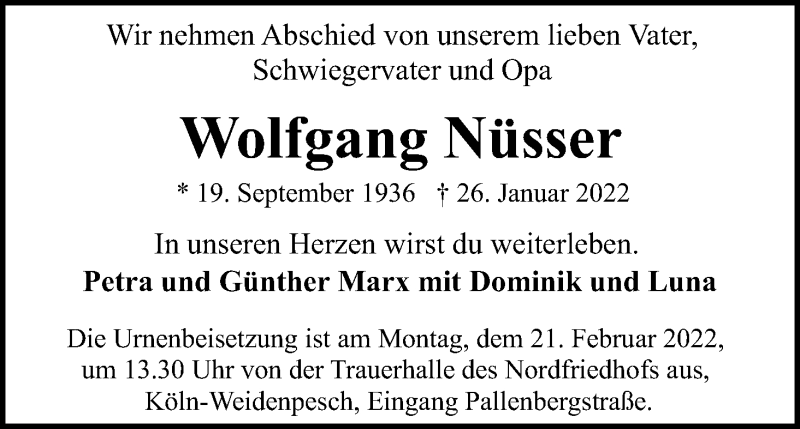  Traueranzeige für Wolfgang Nüsser vom 05.02.2022 aus Kölner Stadt-Anzeiger / Kölnische Rundschau / Express