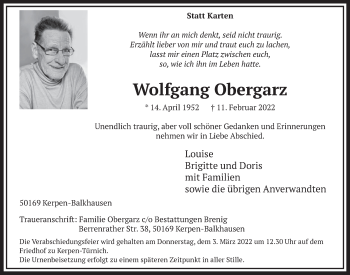Anzeige von Wolfgang Obergarz von  Werbepost 