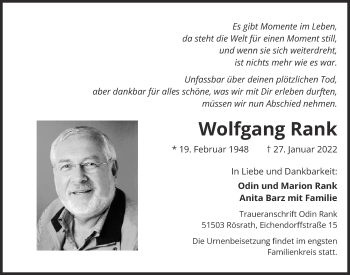 Anzeige von Wolfgang Rank 