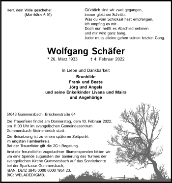 Anzeige von Wolfgang Schäfer von Kölner Stadt-Anzeiger / Kölnische Rundschau / Express