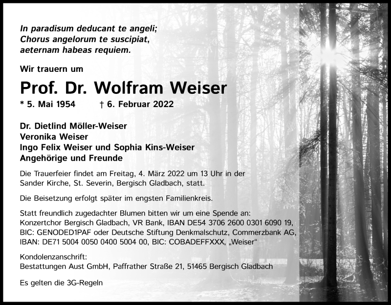  Traueranzeige für Wolfram Weiser vom 19.02.2022 aus Kölner Stadt-Anzeiger / Kölnische Rundschau / Express