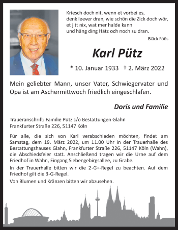 Anzeige von Karl Pütz von Kölner Stadt-Anzeiger / Kölnische Rundschau / Express