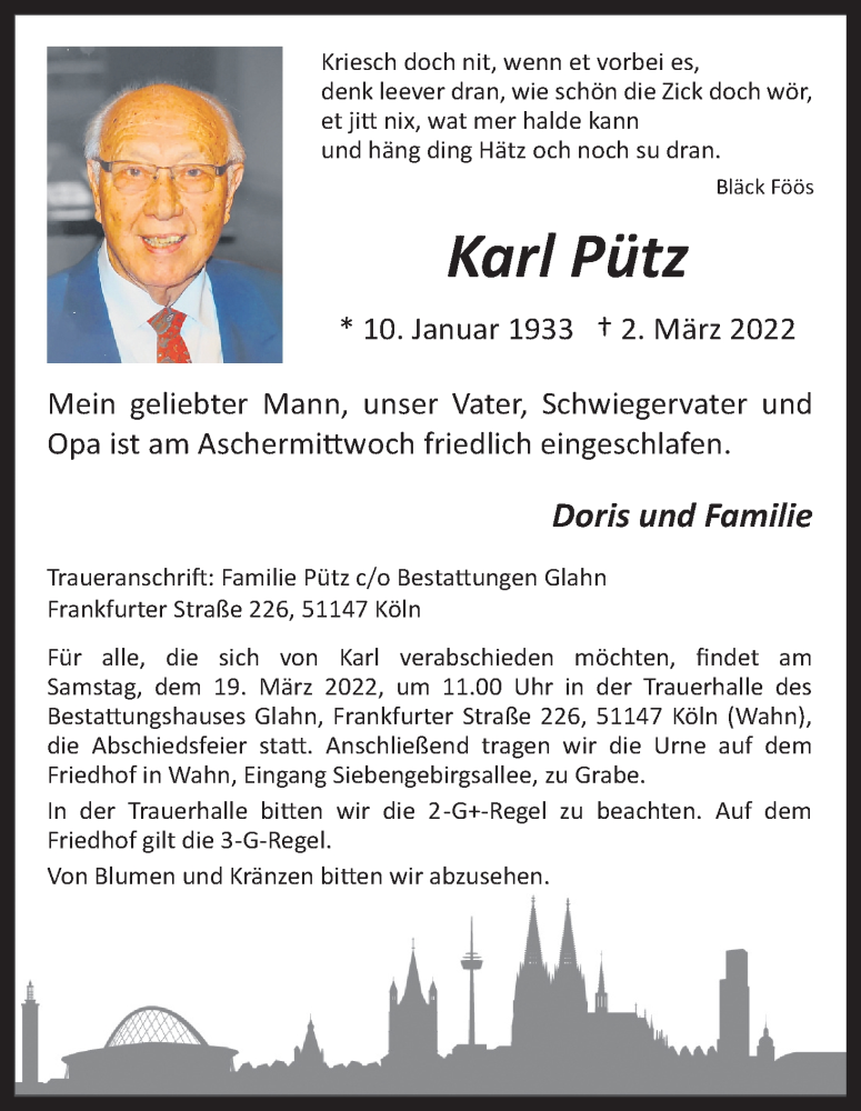  Traueranzeige für Karl Pütz vom 05.03.2022 aus Kölner Stadt-Anzeiger / Kölnische Rundschau / Express