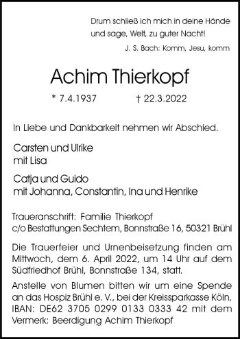 Anzeige von Achim Thierkopf von  Schlossbote/Werbekurier 
