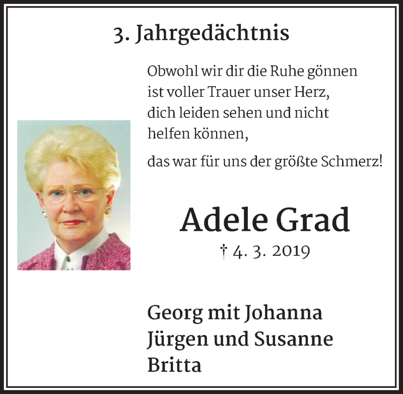  Traueranzeige für Adele Grad vom 04.03.2022 aus  Schlossbote/Werbekurier 