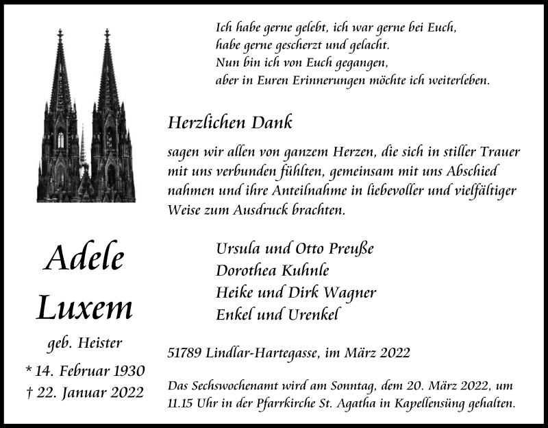  Traueranzeige für Adele Luxem vom 19.03.2022 aus Kölner Stadt-Anzeiger / Kölnische Rundschau / Express