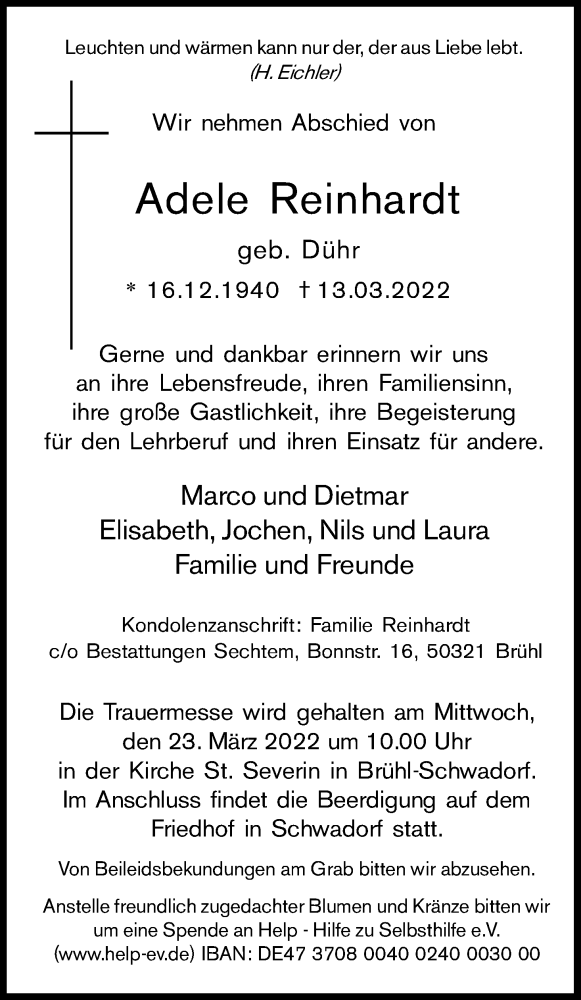  Traueranzeige für Adele Reinhardt vom 19.03.2022 aus Kölner Stadt-Anzeiger / Kölnische Rundschau / Express
