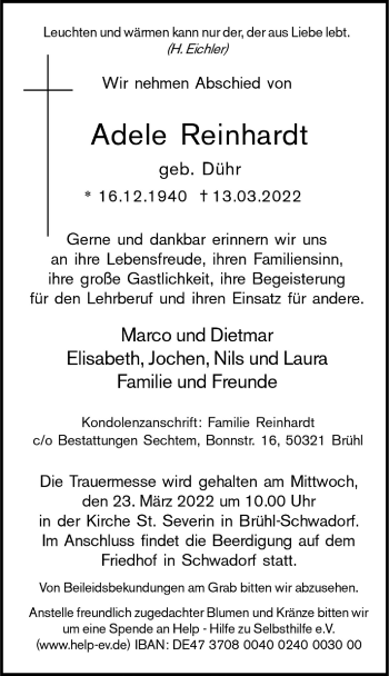 Anzeige von Adele Reinhardt von  Schlossbote/Werbekurier 