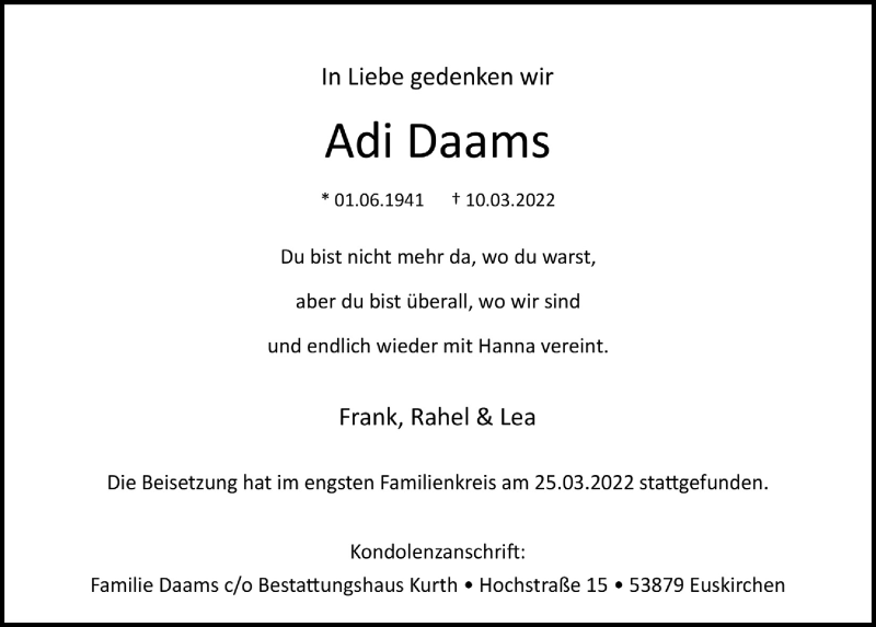  Traueranzeige für Adi Daams vom 26.03.2022 aus  Blickpunkt Euskirchen 