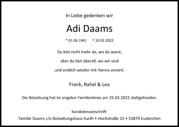 Anzeige von Adi Daams von Kölner Stadt-Anzeiger / Kölnische Rundschau / Express
