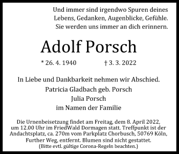 Anzeige von Adolf Porsch von Kölner Stadt-Anzeiger / Kölnische Rundschau / Express