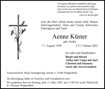 Anzeige von Aenne Küster von Kölner Stadt-Anzeiger / Kölnische Rundschau / Express
