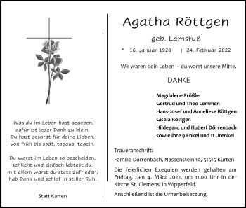 Anzeige von Agatha Röttgen von Kölner Stadt-Anzeiger / Kölnische Rundschau / Express