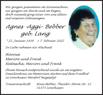 Anzeige von Agnes Bebber von Kölner Stadt-Anzeiger / Kölnische Rundschau / Express