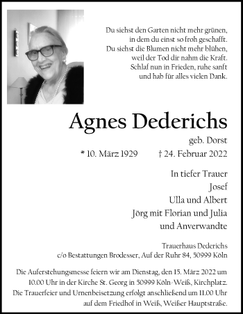 Anzeige von Agnes Dederichs von Kölner Stadt-Anzeiger / Kölnische Rundschau / Express