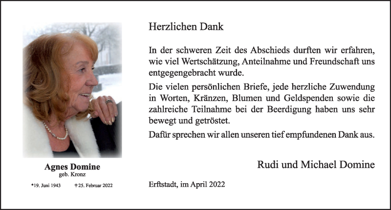  Traueranzeige für Agnes Domine vom 01.04.2022 aus  Werbepost 