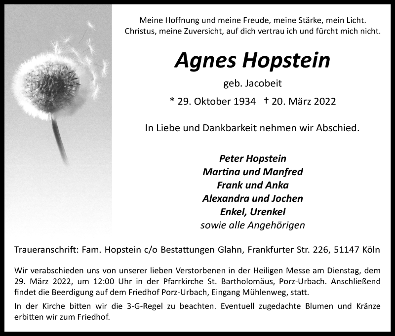  Traueranzeige für Agnes Hopstein vom 26.03.2022 aus Kölner Stadt-Anzeiger / Kölnische Rundschau / Express