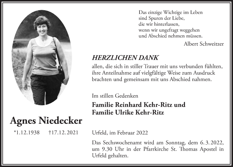 Traueranzeige für Agnes Niedecker vom 04.03.2022 aus  Schlossbote/Werbekurier 
