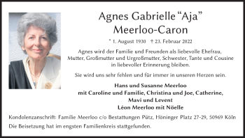 Anzeige von Agnes Gabrielle Meerloo-Caron von Kölner Stadt-Anzeiger / Kölnische Rundschau / Express