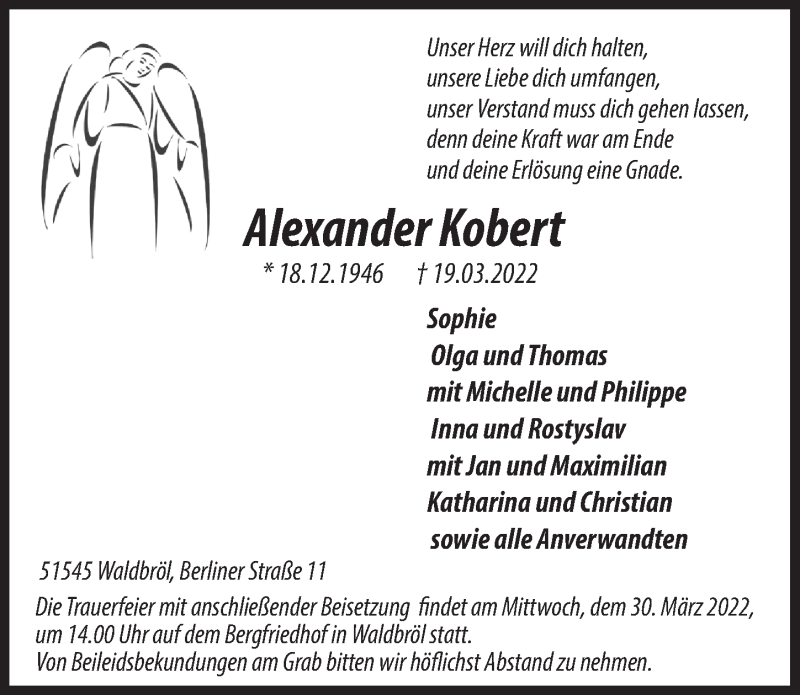  Traueranzeige für Alexander Kobert vom 25.03.2022 aus  Lokalanzeiger 