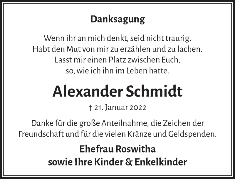  Traueranzeige für Alexander Schmidt vom 25.03.2022 aus  Lokalanzeiger 