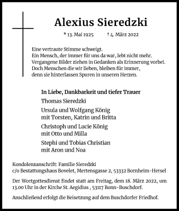 Anzeige von Alexius Sieredzki von Kölner Stadt-Anzeiger / Kölnische Rundschau / Express