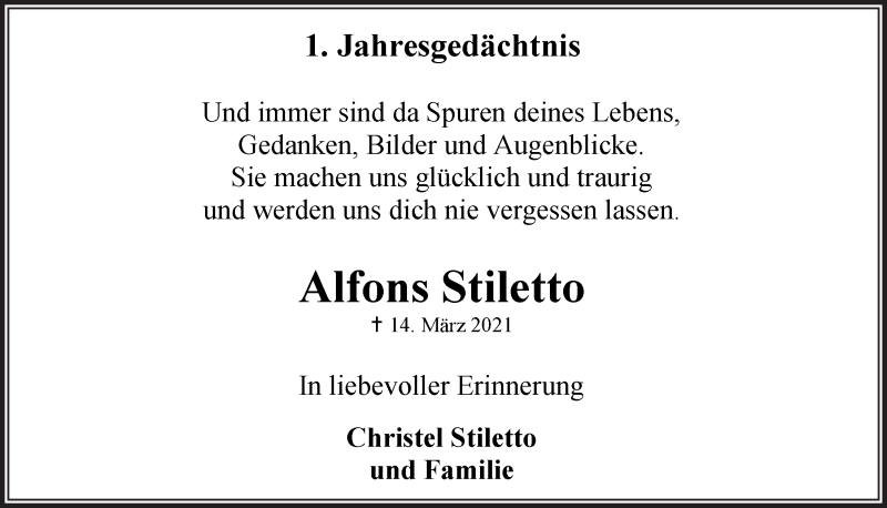 Traueranzeige für Alfons Stiletto vom 11.03.2022 aus  Anzeigen Echo 