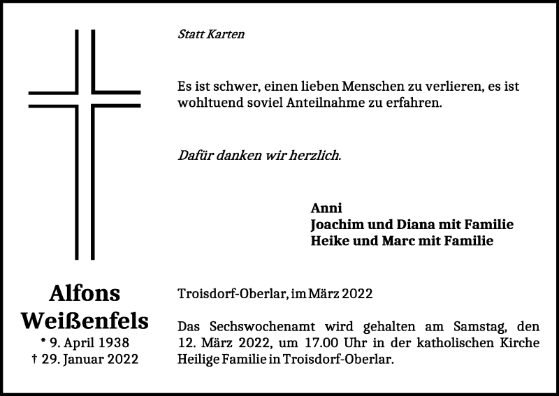  Traueranzeige für Alfons Weißenfels vom 05.03.2022 aus Kölner Stadt-Anzeiger / Kölnische Rundschau / Express