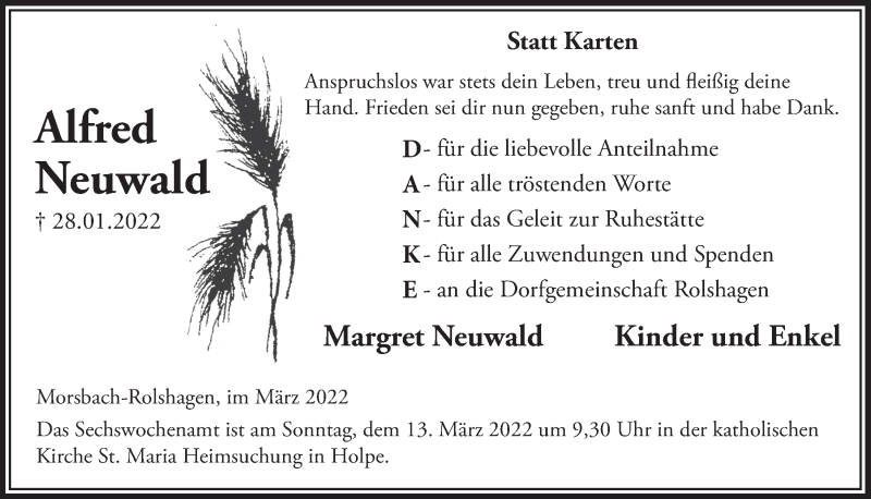  Traueranzeige für Alfred Neuwald vom 04.03.2022 aus  Lokalanzeiger 