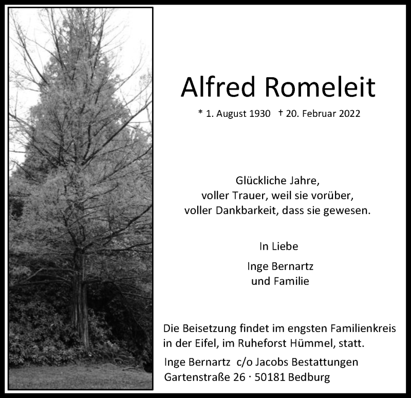  Traueranzeige für Alfred Romeleit vom 05.03.2022 aus Kölner Stadt-Anzeiger / Kölnische Rundschau / Express