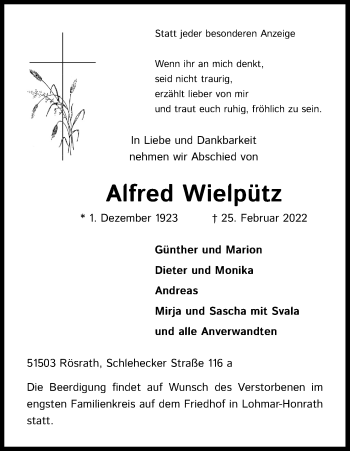 Anzeige von Alfred Wielpütz von Kölner Stadt-Anzeiger / Kölnische Rundschau / Express