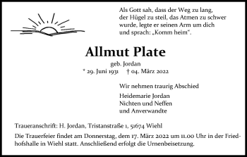 Anzeige von Allmut Plate von Kölner Stadt-Anzeiger / Kölnische Rundschau / Express