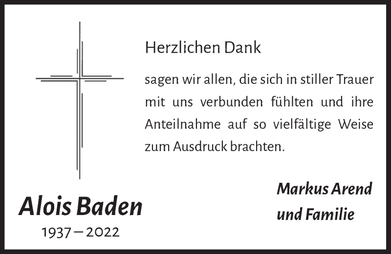  Traueranzeige für Alois Baden vom 19.03.2022 aus  Blickpunkt Euskirchen 