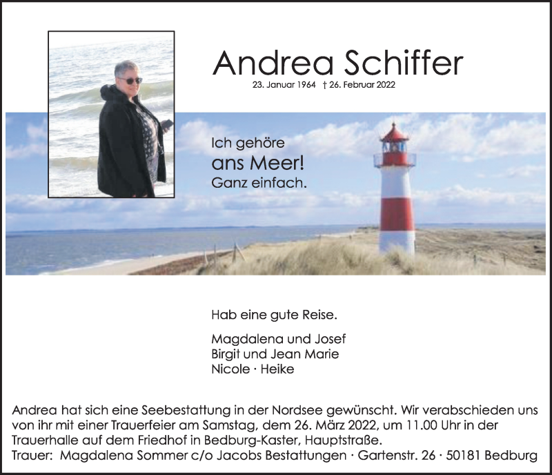  Traueranzeige für Andrea Schiffer vom 18.03.2022 aus  Werbepost 