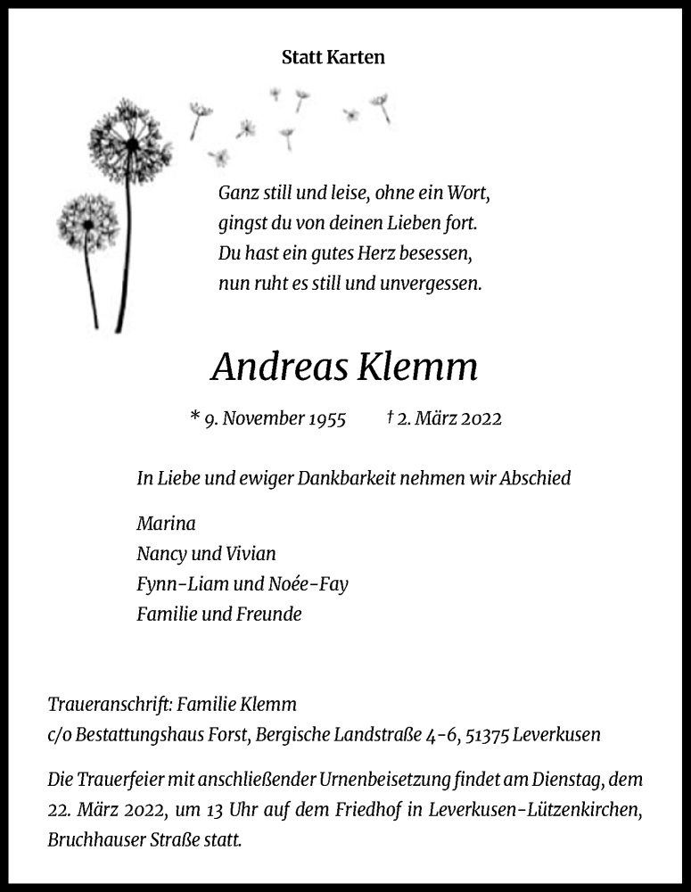  Traueranzeige für Andreas Klemm vom 16.03.2022 aus Kölner Stadt-Anzeiger / Kölnische Rundschau / Express