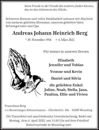Anzeige von Andreas Johann Heinrich Berg von  Schlossbote/Werbekurier 